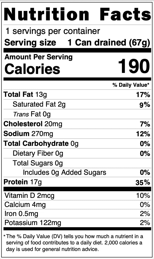 Nutrition facts label for albacore tuna with serving size, calories, and nutritional content details.