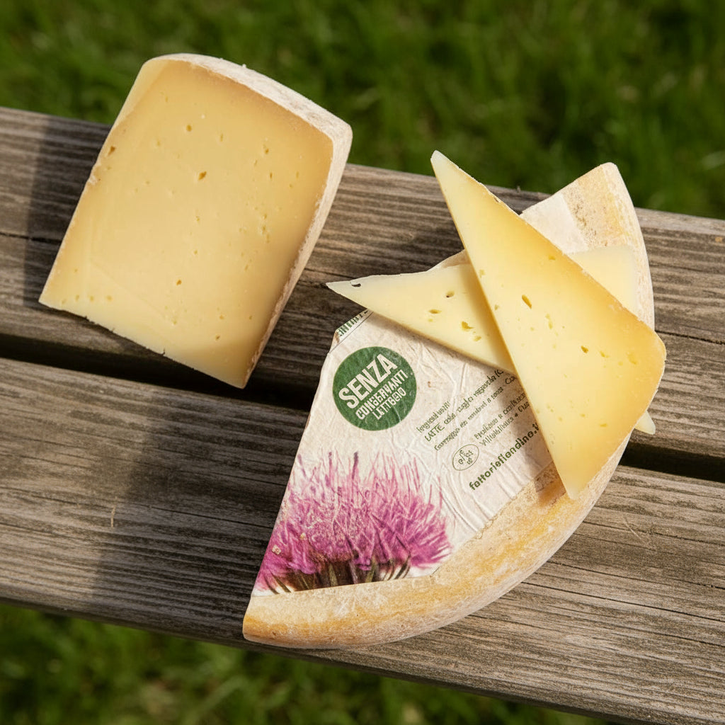 Cheese wedge on picnic bench, multiple wedges, yellow paste, small holes.
