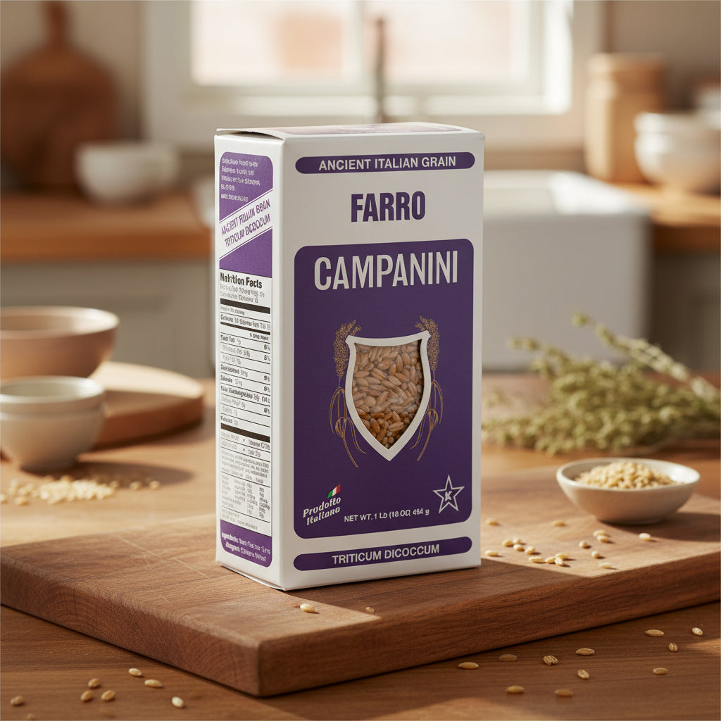 Box of Campanini Farro in a kitchen on a woodenblock with rice grains spread throughout table