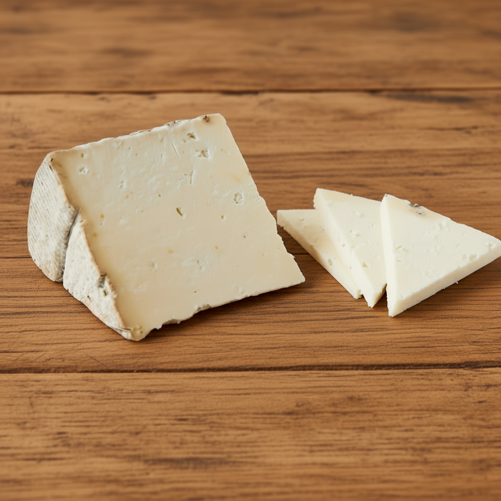 Three pieces of cheese on a wooden table. Yellow/white paste with a few small holes, and a bright white rind