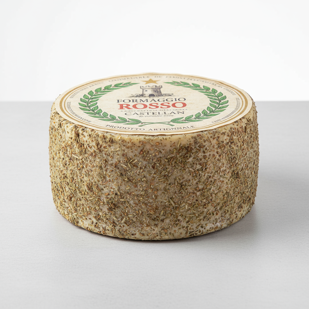 Close-up of a round piece of cheese with a label on a white surface - castelrosso