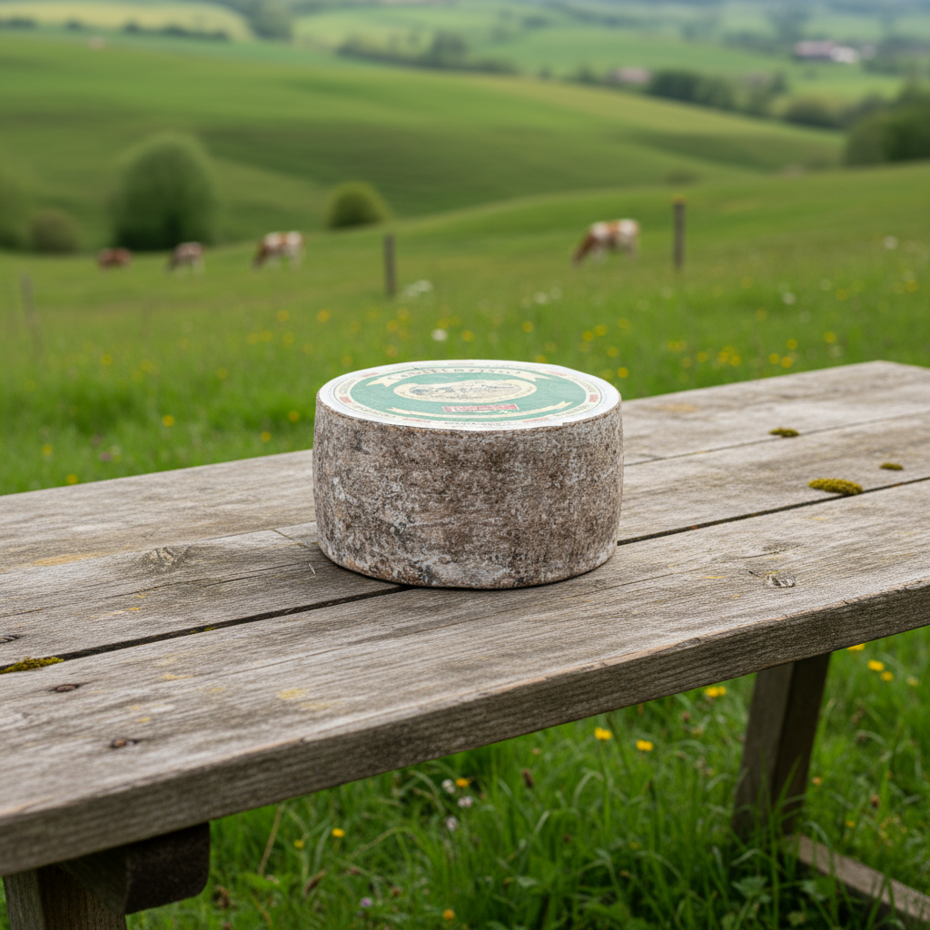 Cheese with a 'Castelrosso' label in a grassy field on wooden bench
