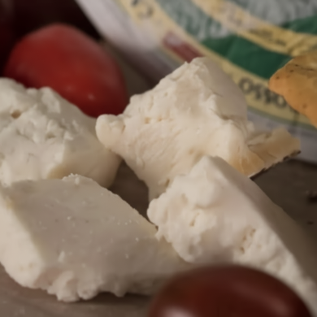 Close-up of crumbled white cheese with tomatoes and a green label in the background