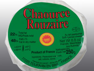 Cheese packaging with 'Chaource Rouzaire' label on a green background