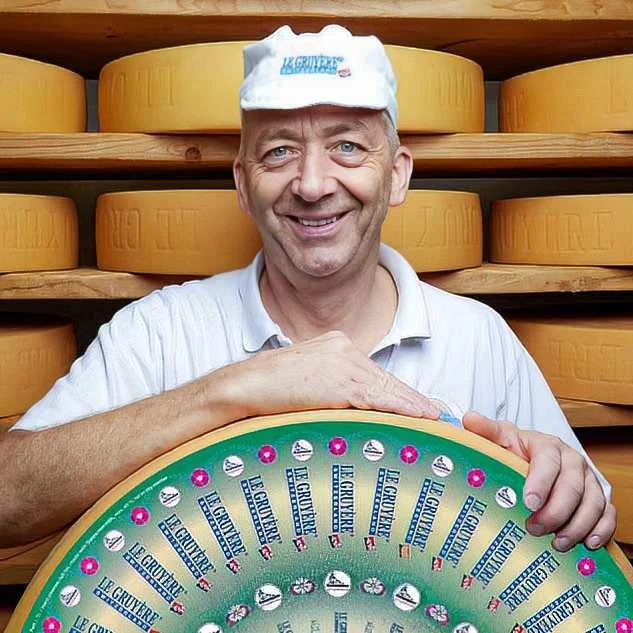 Man holding a wheel of cheese with a background of cheese wheels