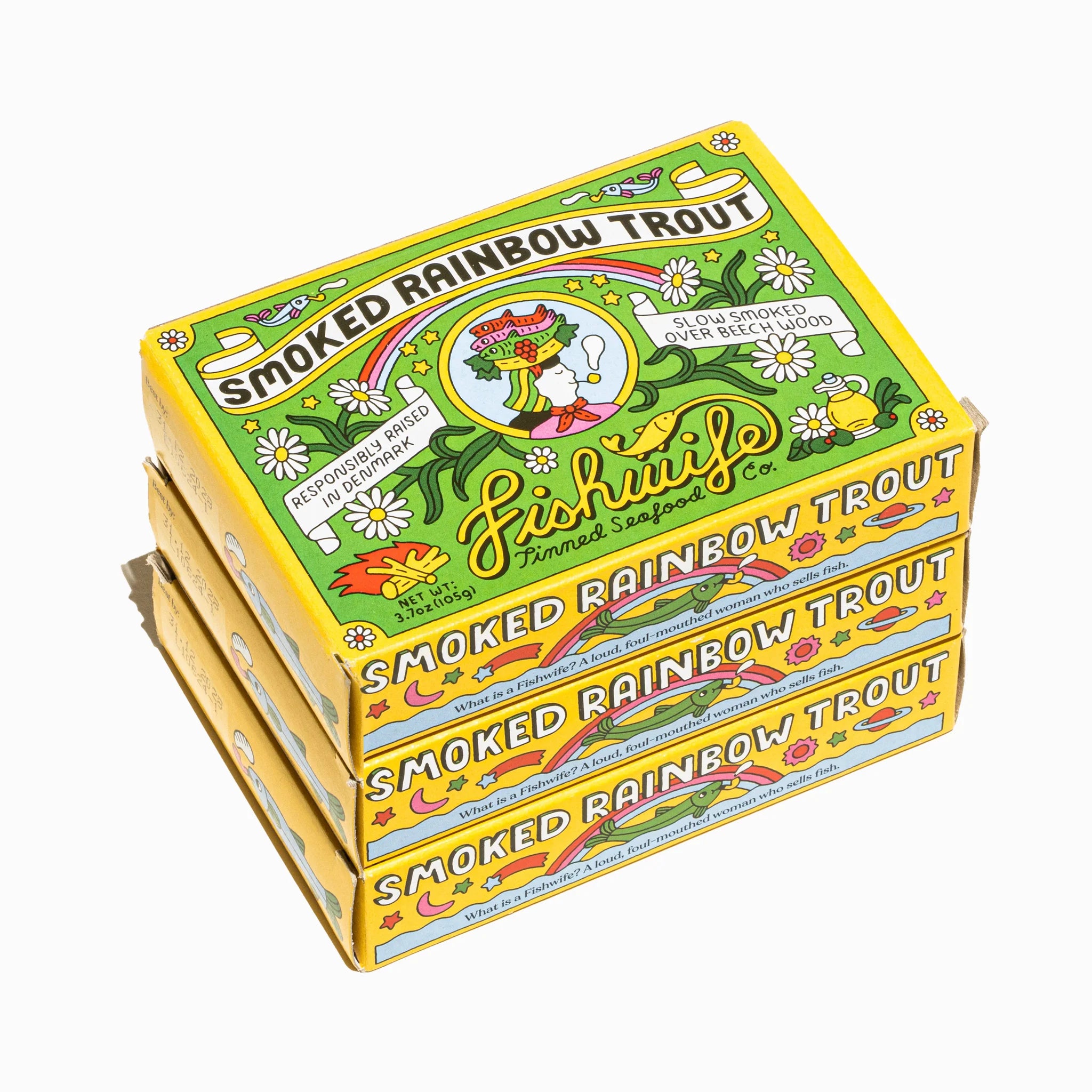 Stack of 'Fishwife' smoked rainbow trout boxes on a white background