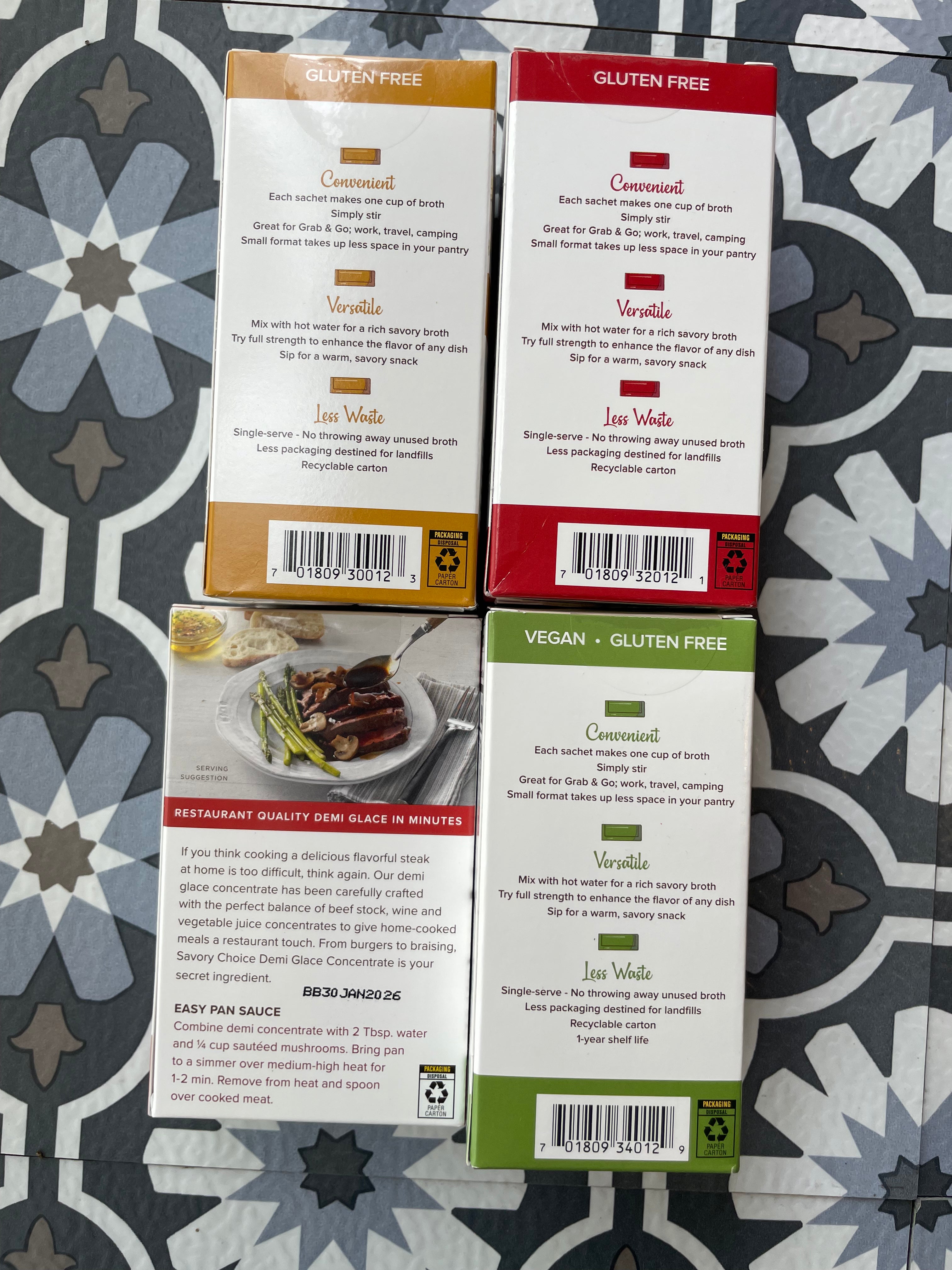 4 boxes of different broths, backside