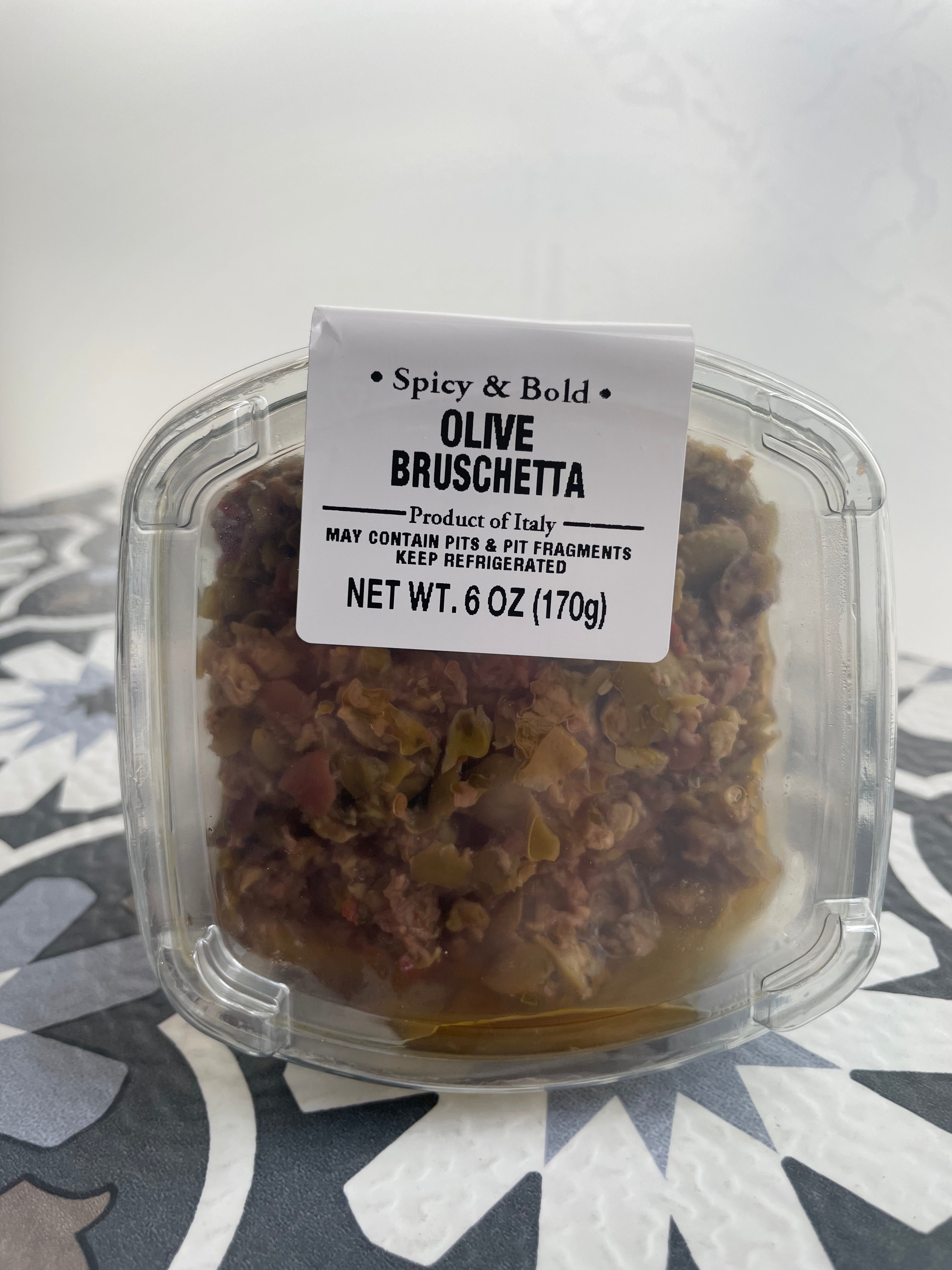 olive bruschetta in retail package, front