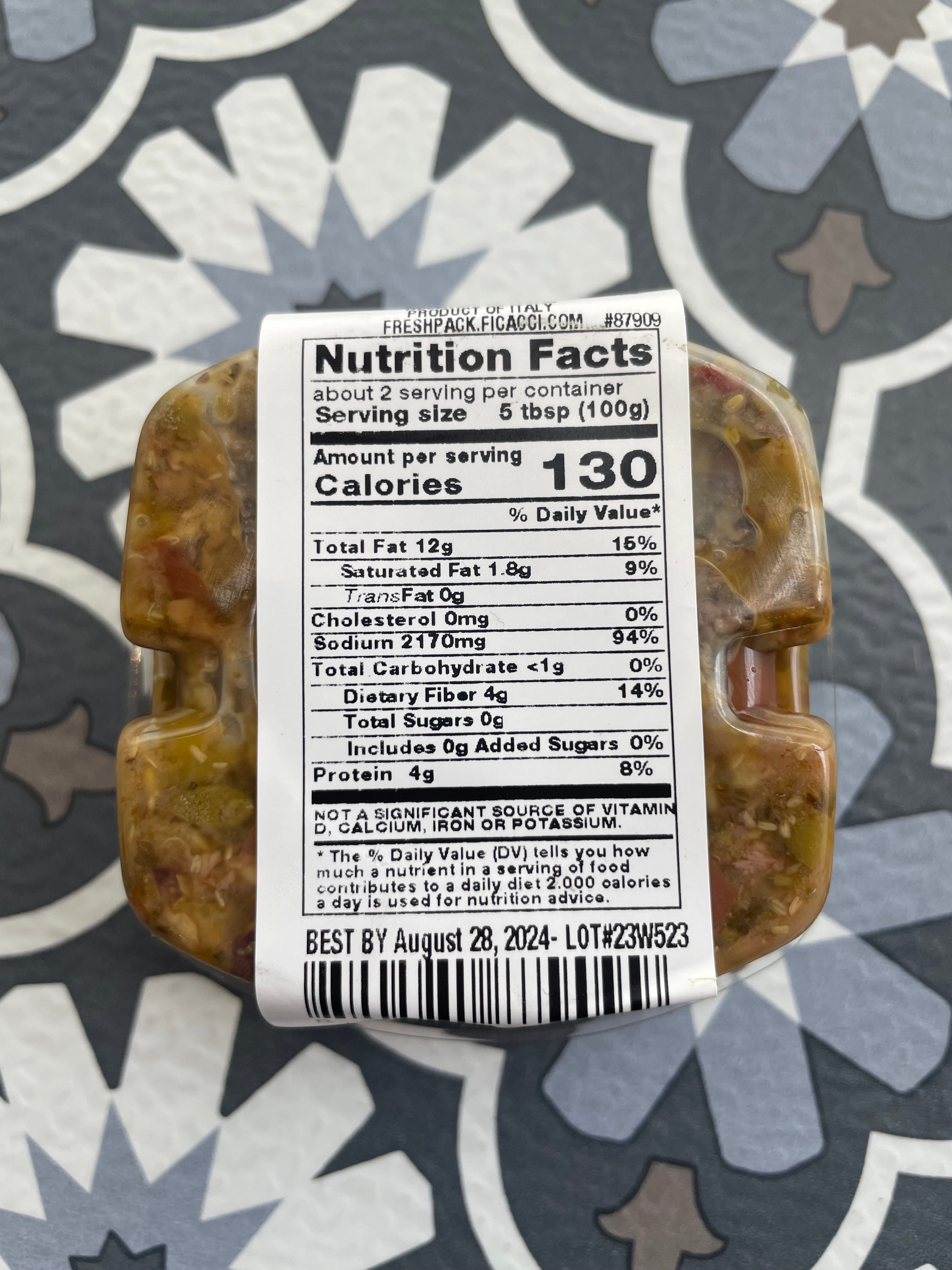 olive bruschetta in plastic container, nutrition facts