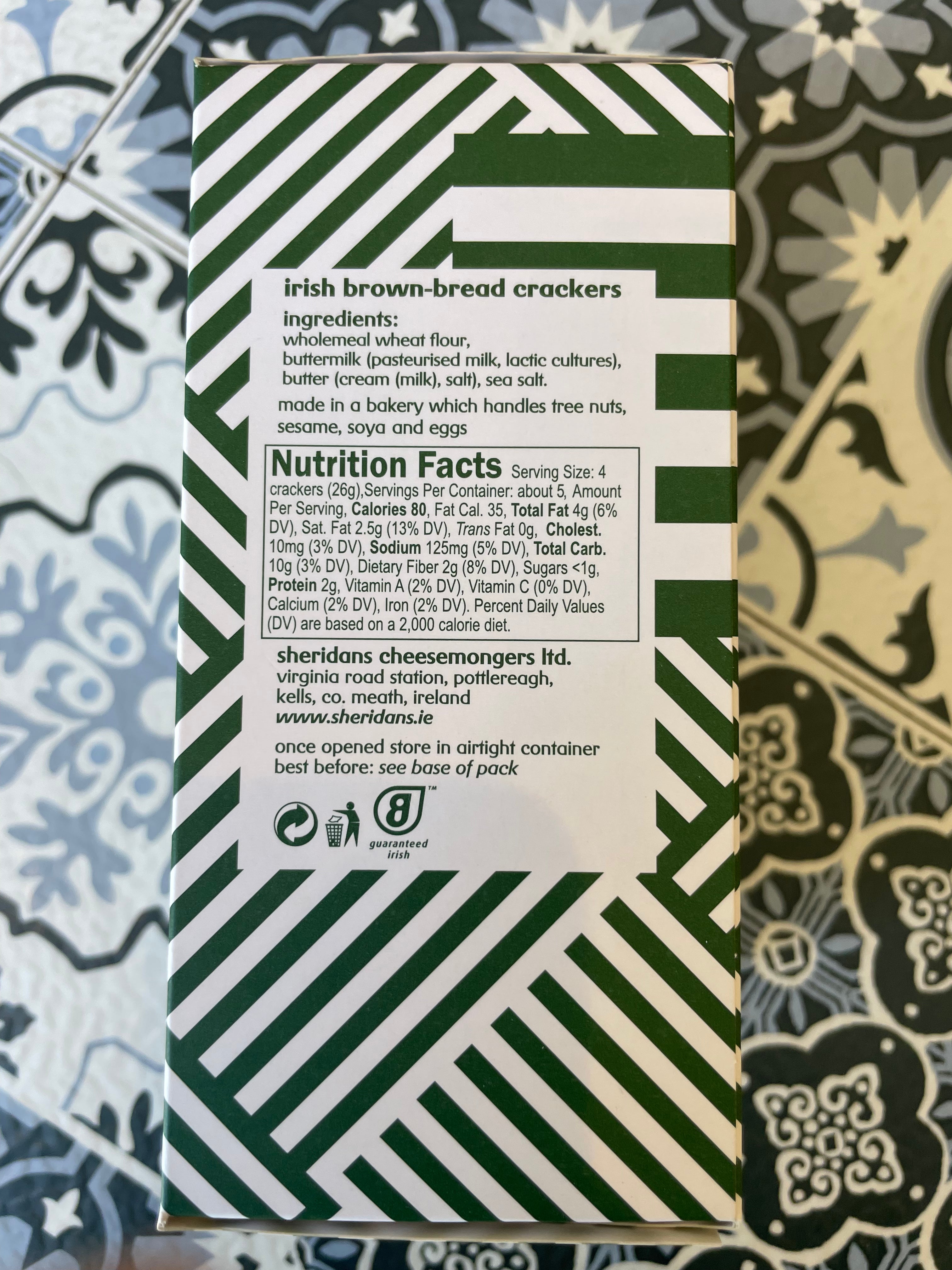 Box of Irish brown bread crackers with nutrition facts label on a patterned background