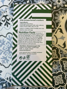 Box of Irish brown bread crackers with nutrition facts label on a patterned background