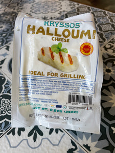 Kryssos Halloumi cheese package on a patterned surface