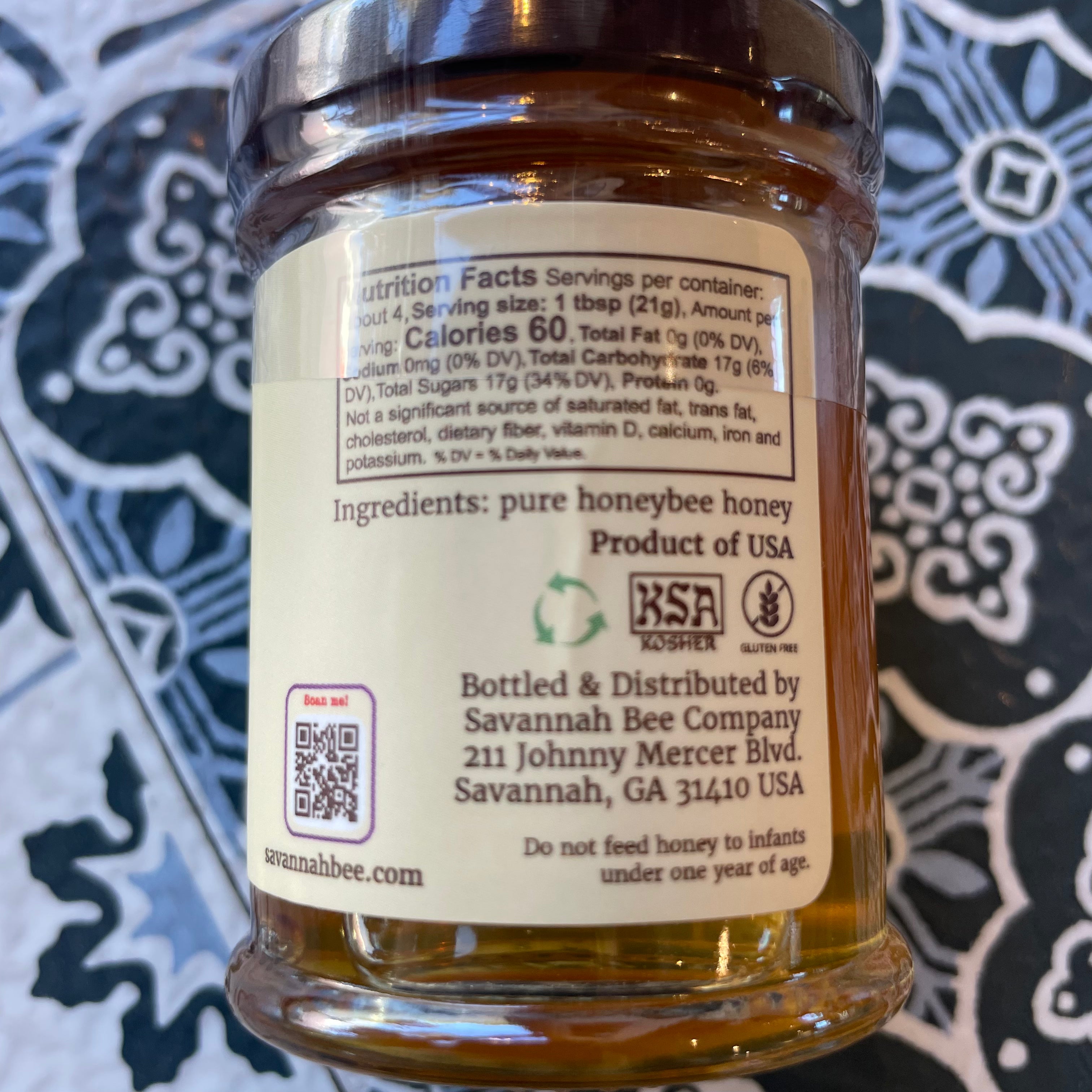 Tupelo honey - Back side showing nutrition facts, on flower tile design