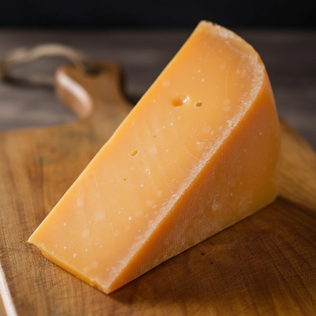 Orange Cheese Wedge with a few holes, on a wooden platter