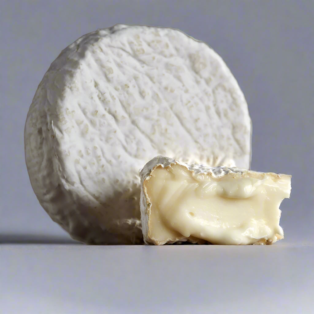 Merry Goat Round cheese - 1 whole wheel with small 1/6th wedge in front, running down, droopy white paste with white mold rind 