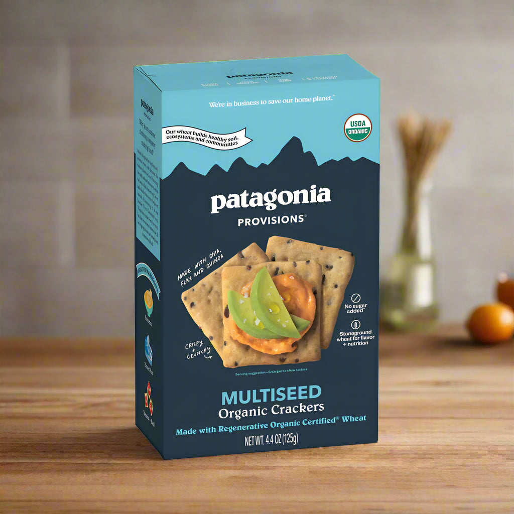 Patagonia Provisions Multiseed organic crackers in blue retail box, with white background