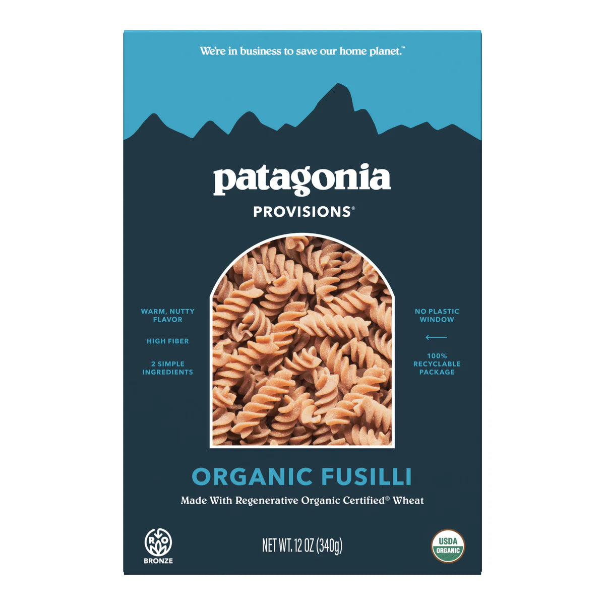 Patagonia Provisions Organic Fusilli pasta packaging with mountain design on a white background