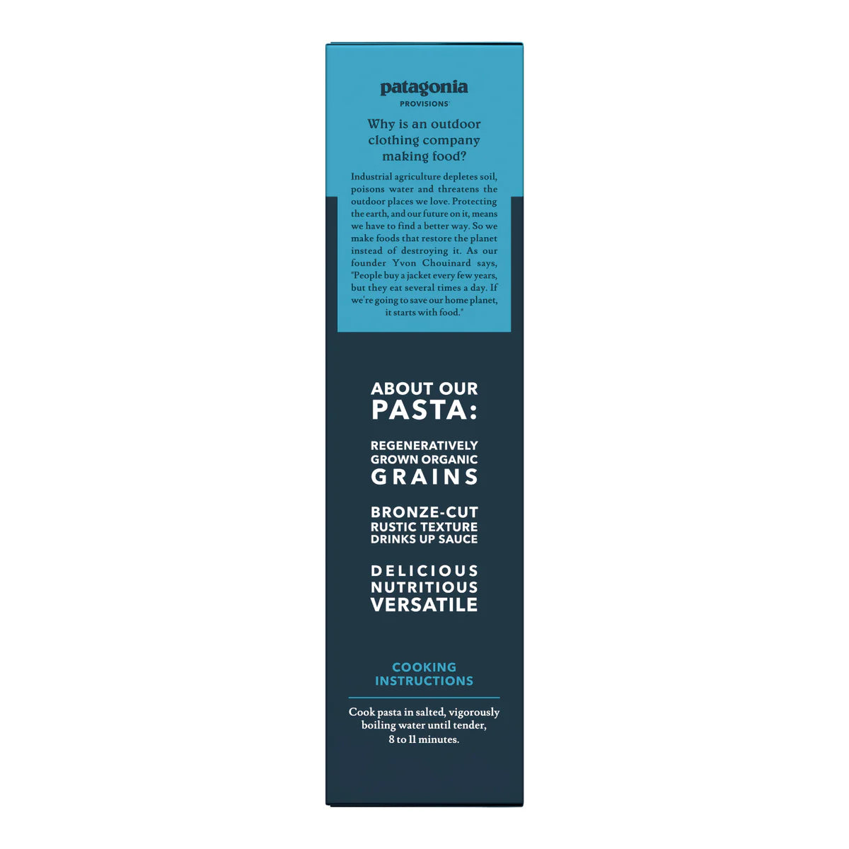 Patagonia Pasta packaging with text about pasta ingredients and preparation.
