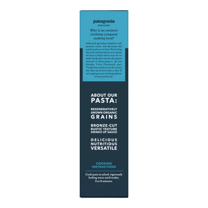 Patagonia Pasta packaging with text about pasta ingredients and preparation.