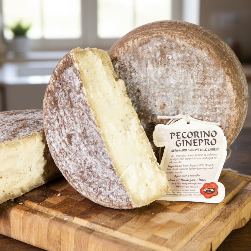 Two round cheeses with a wedge cut, on a wooden board in a kitchen