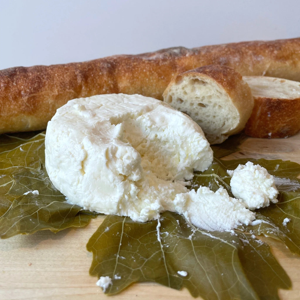 Soft bloomy cheese, melty on a muscat-soaked grape leaf, baguette in background
