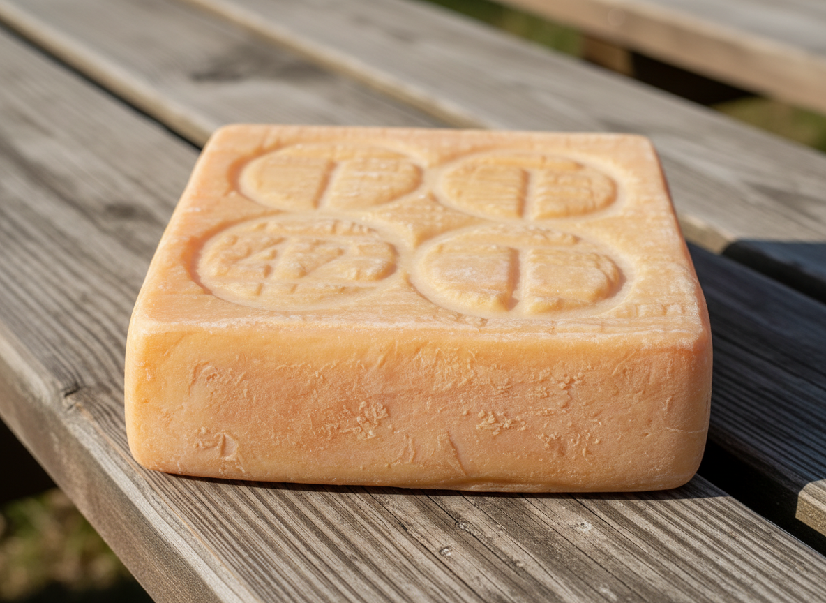 Square block of soap with embossed design on a wooden picnic bench