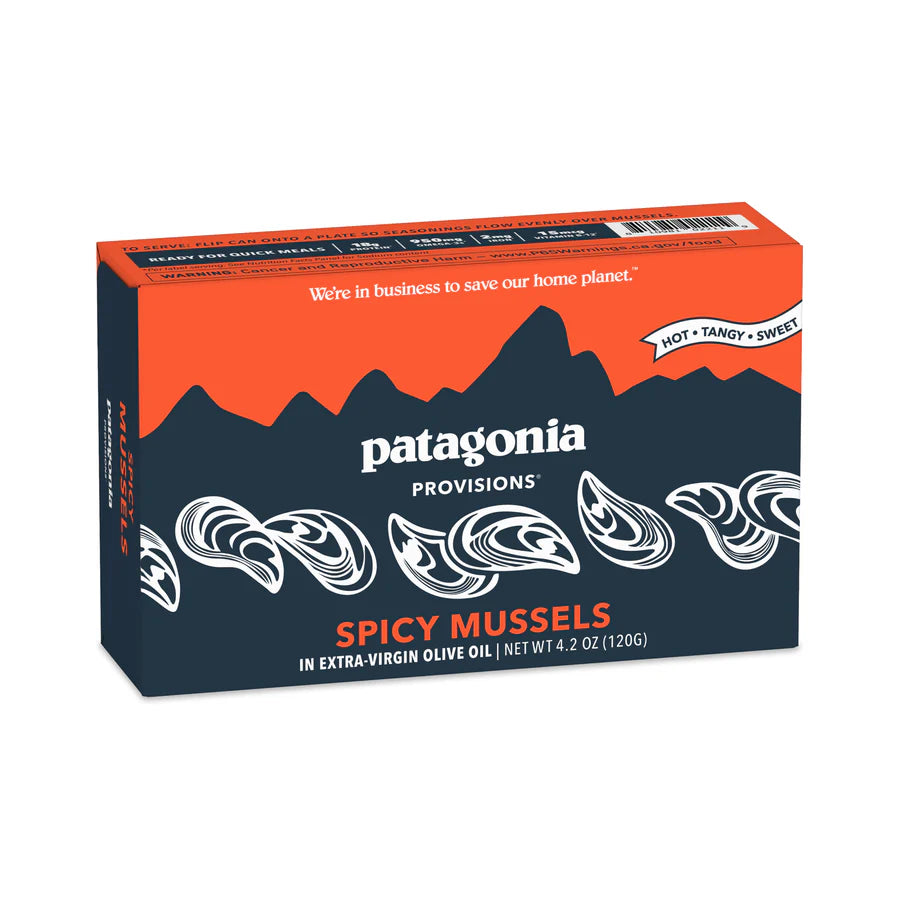 Patagonia Provisions Spicy Mussels packaging on a white background