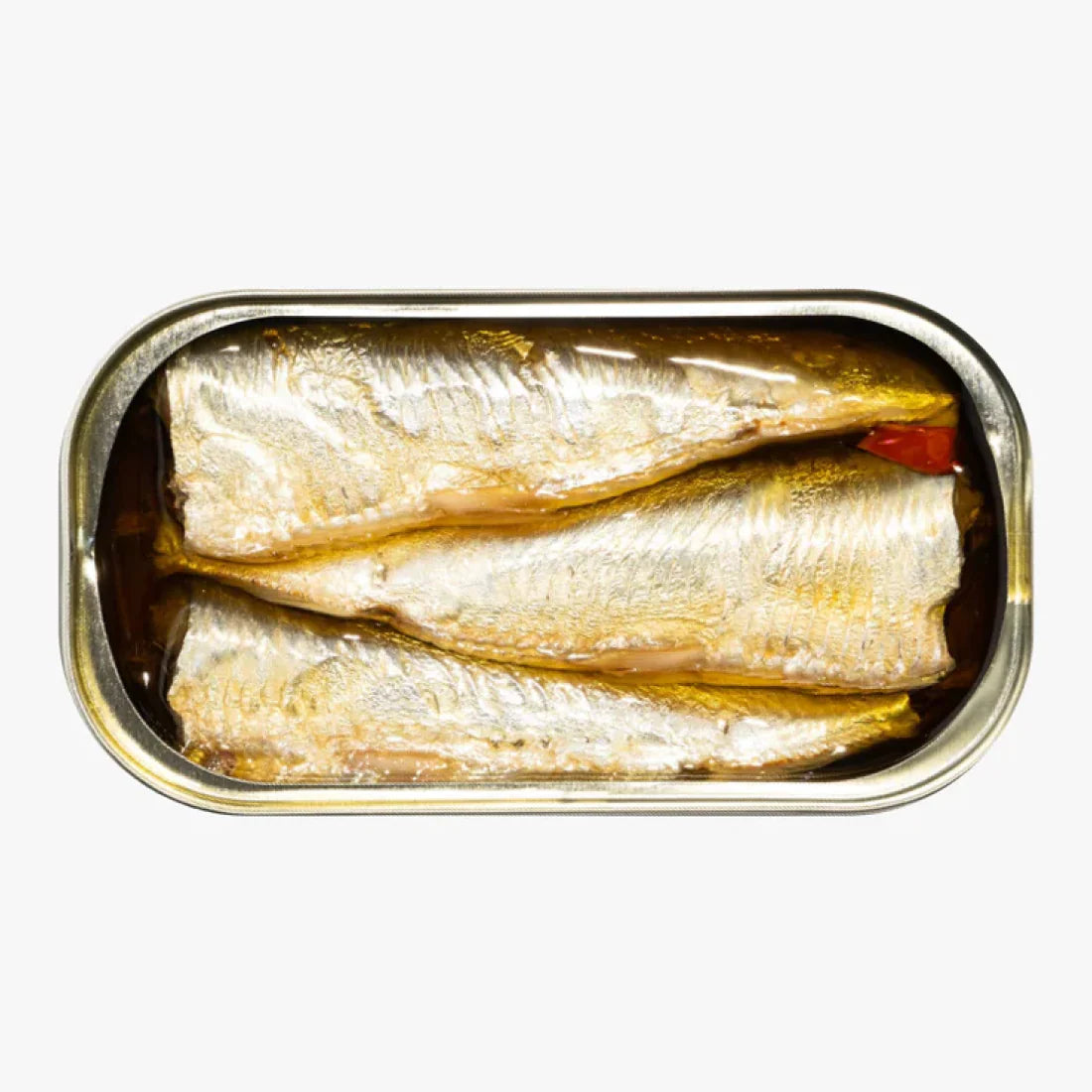 open Canned fish in a metal can on a white background