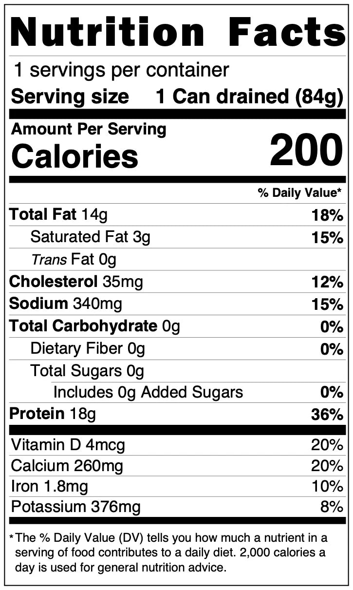 Nutrition facts label for a can of sardines with detailed nutritional information.