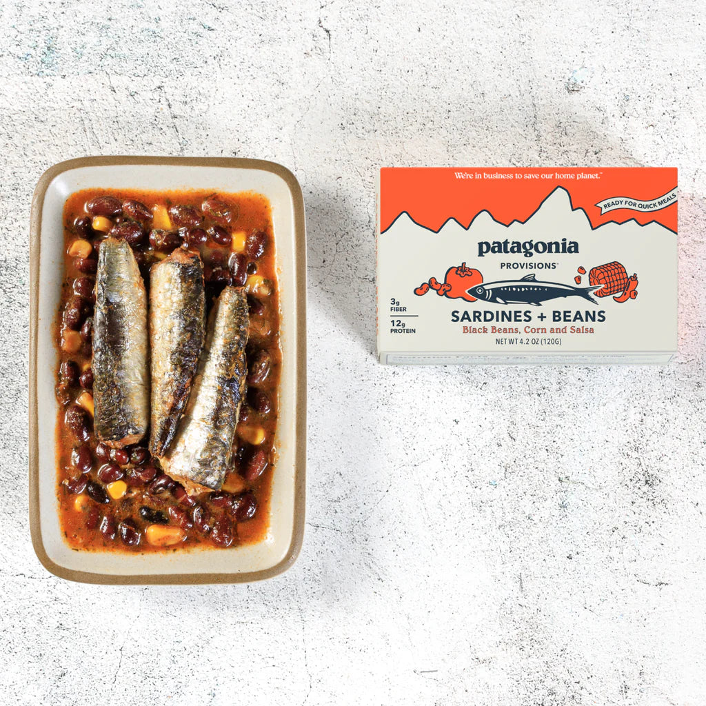 Patagonia Provisions sardines in beans packaging on a textured surface