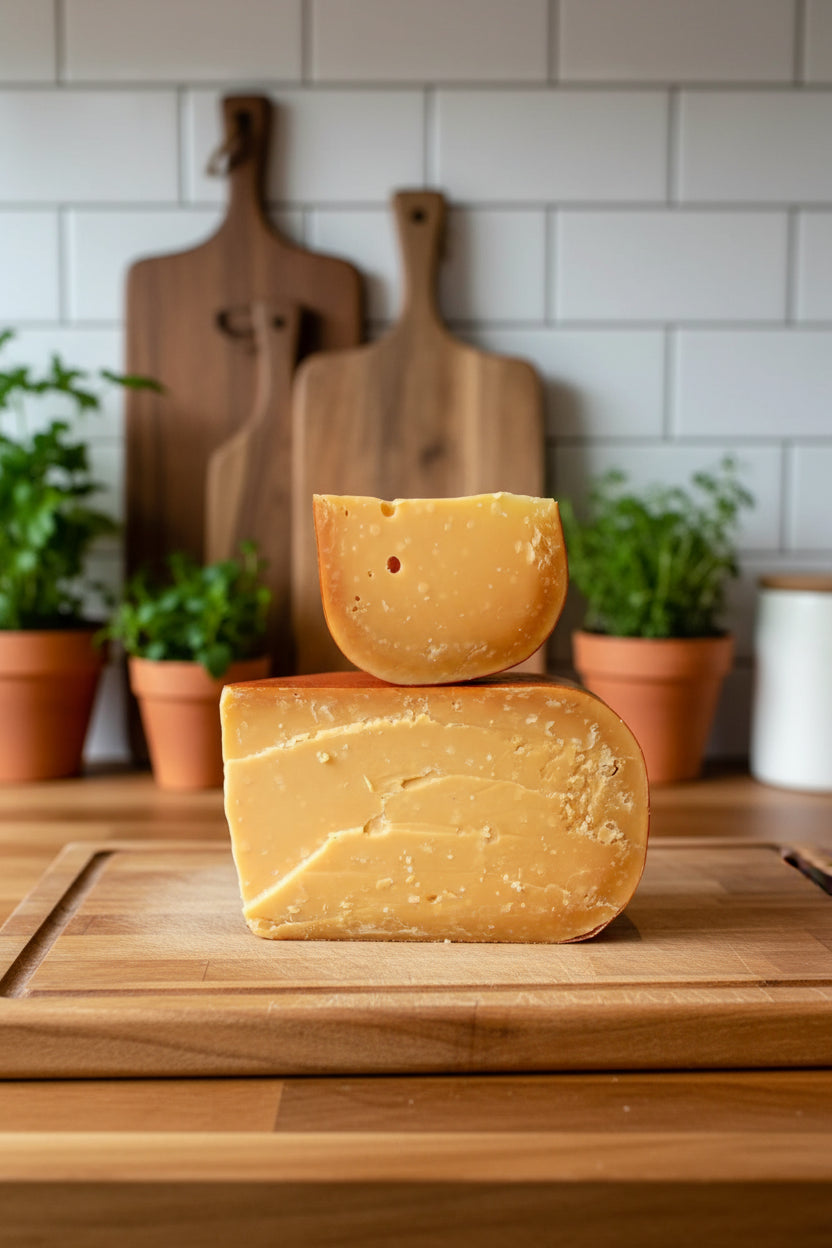 Two pieces of cheese stacked on a wooden surface in a kitchen with plants in background and wooden boards