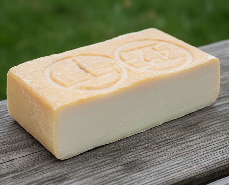Rectangular block of cream cheese on a wooden picnic bench with green grass in the background