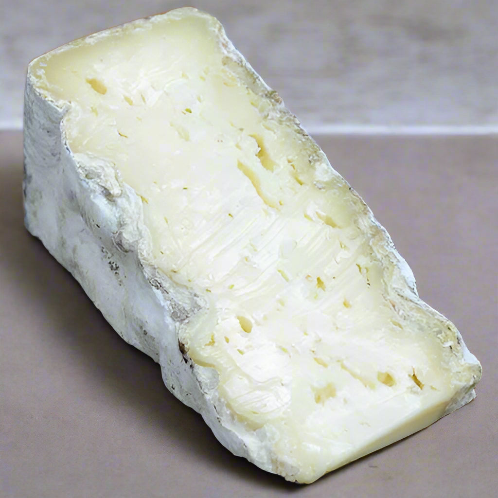 Piece of Tomme de la Coze, wedge of white paste cheese with small holes, and pure white soft rind