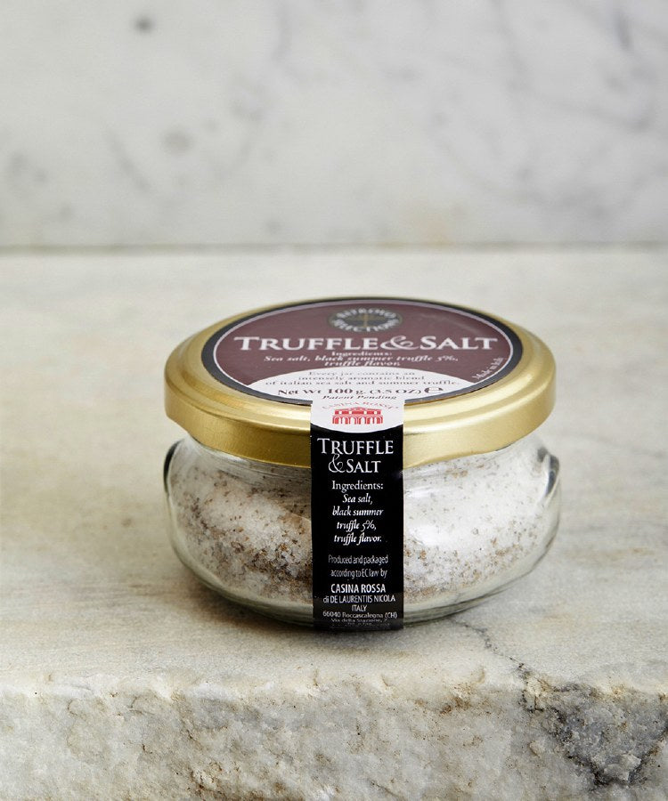 glass jar of truffle salt, front facing