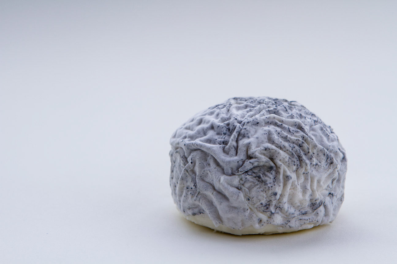 Round cheese ball with wrinkles and a grey/white color with a textured surface on a light gray background