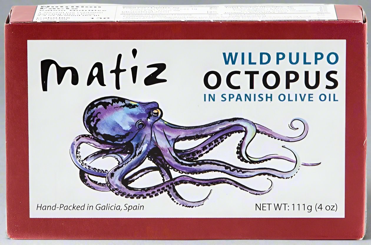 Retail white and red box of matiz wild pulpo, with olive oil and sea salt