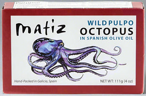 Retail white and red box of matiz wild pulpo, with olive oil and sea salt