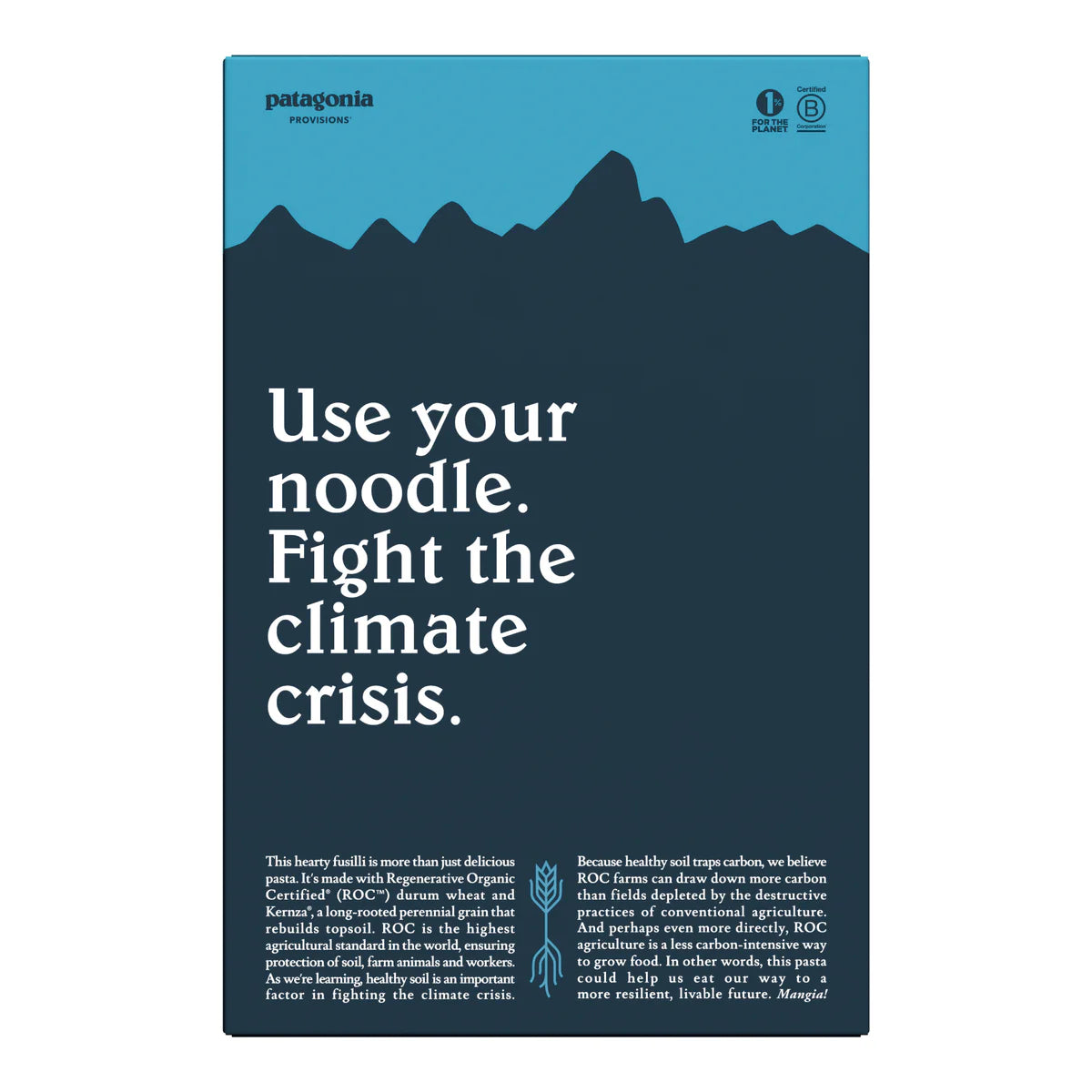 Back of pasta box with mountain silhouette and text 'Use your noodle. Fight the climate crisis.' by Patagonia.
