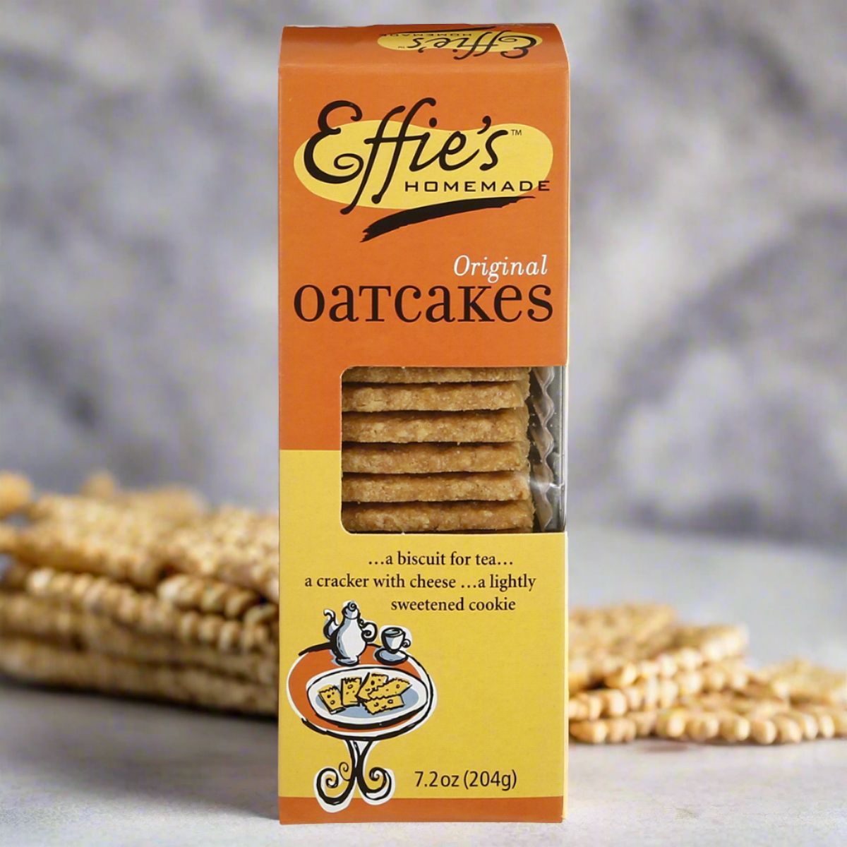 oat crackers in retial container, with dried oats in background