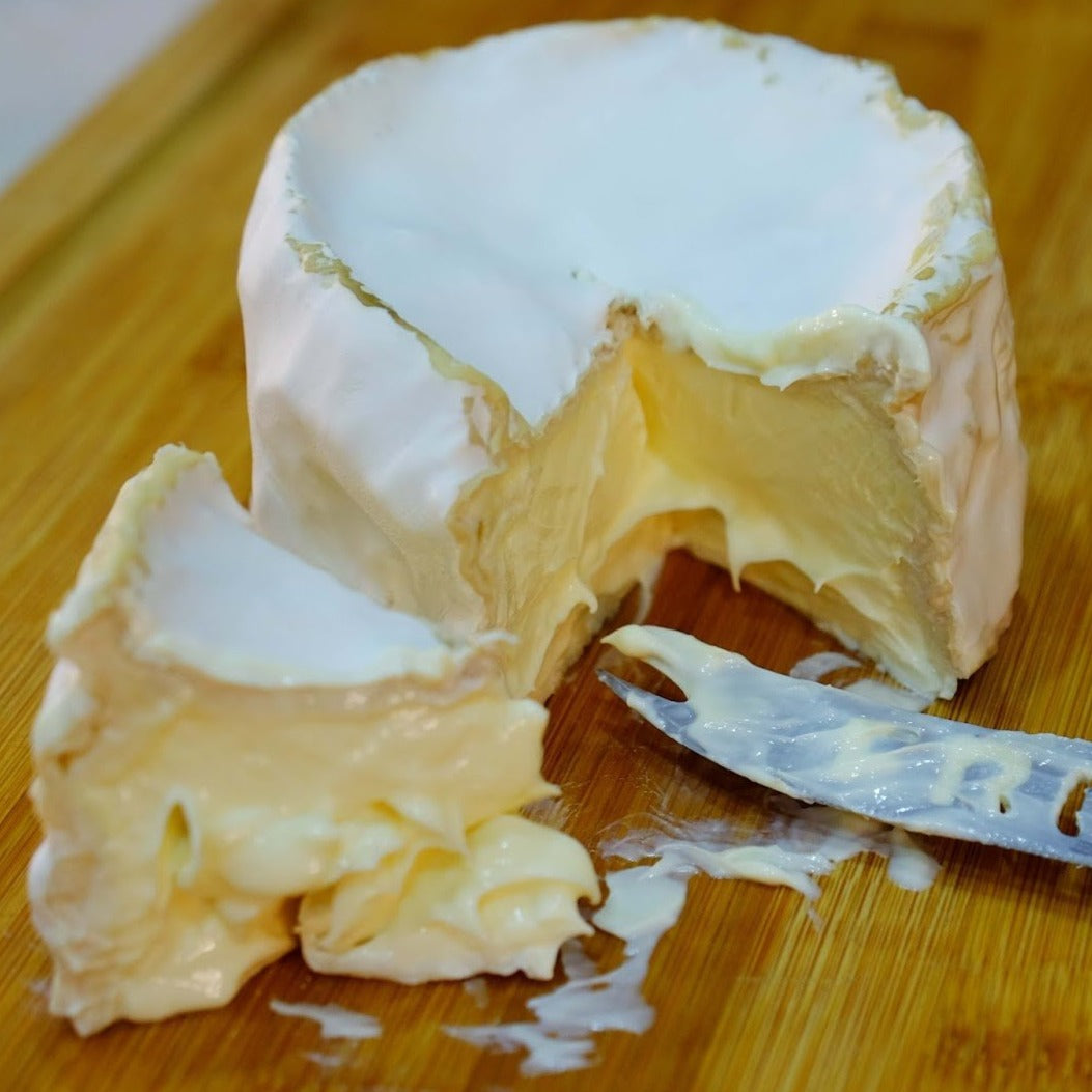 Wheel of soft melty cheese with a bloomy rind