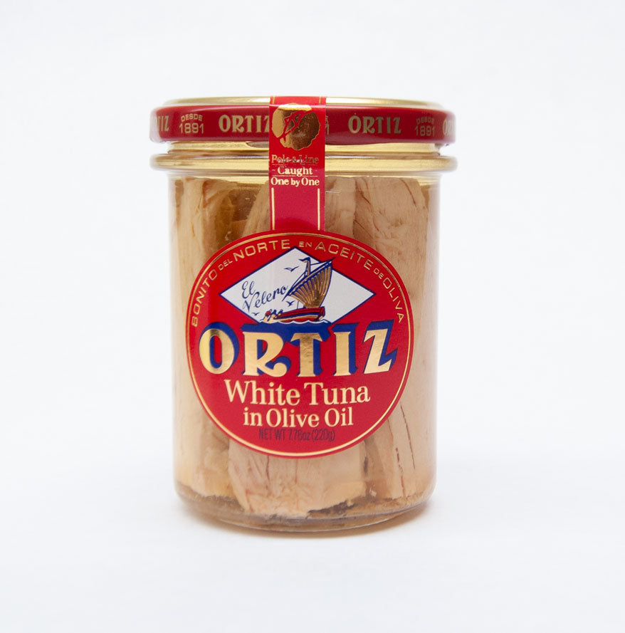 Glass jar of Ortiz brand tuna