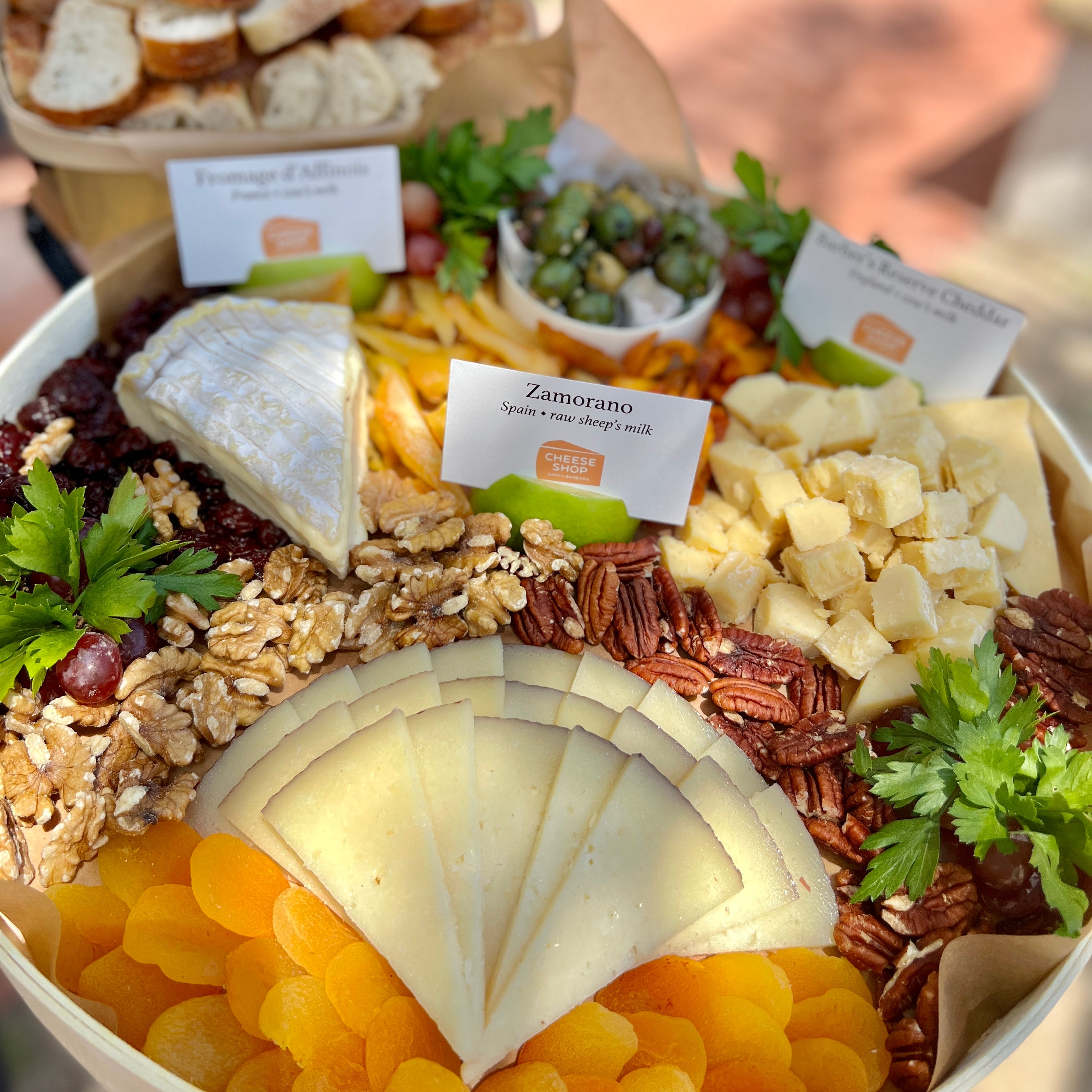 small cheese platter with dried fruits, nuts, grapes, and olives