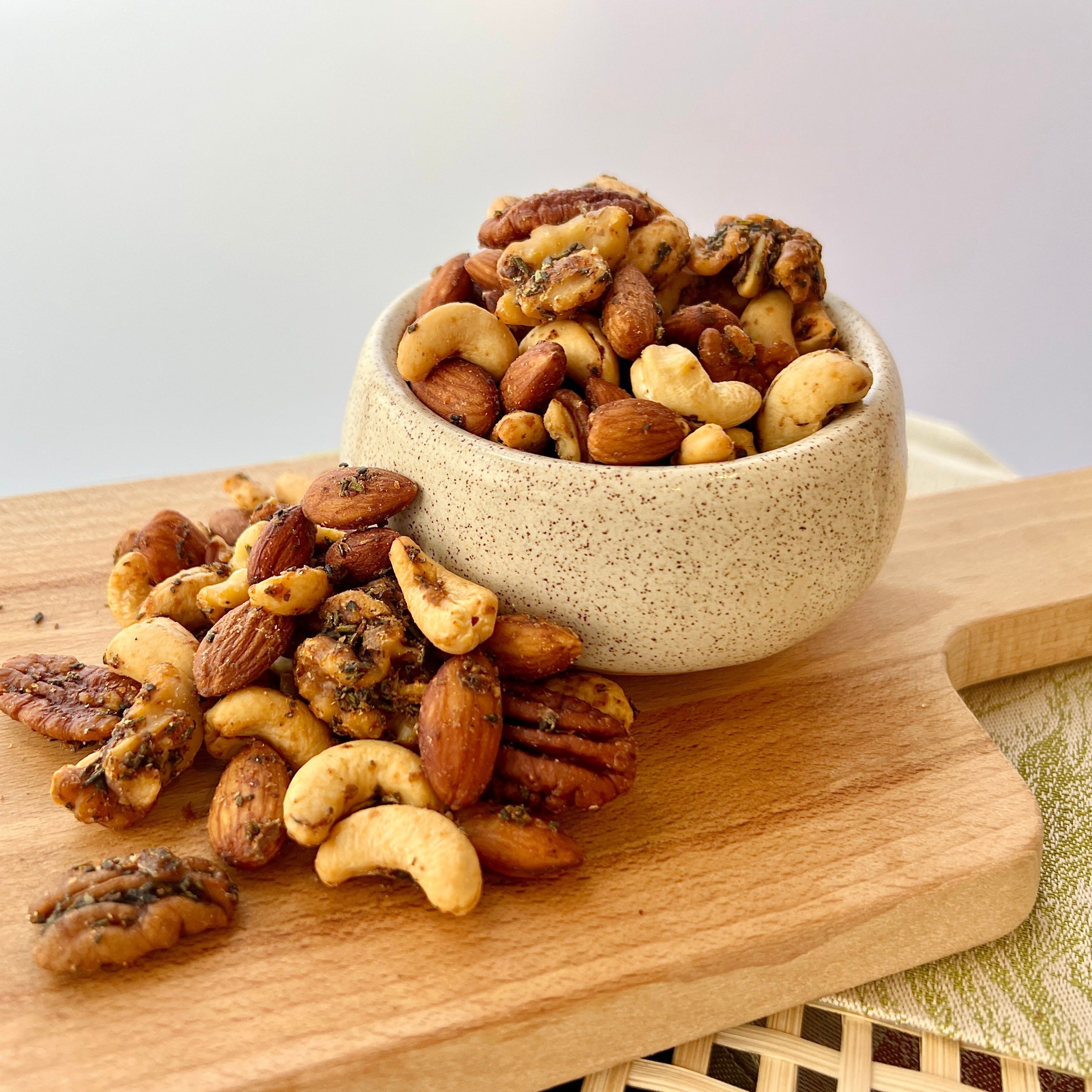 ceramic bowl of sweet & spicy nuts